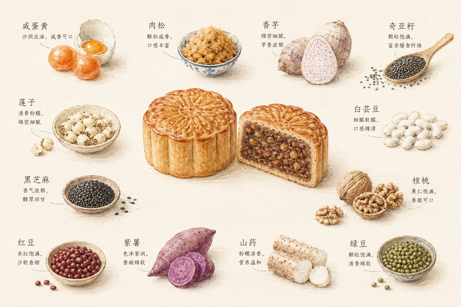 繁花栖月原料手绘:咸蛋黄、肉松、香芋、奇亚籽、莲子、白芸豆、黑芝麻、核桃、红豆、紫薯、山药、绿豆