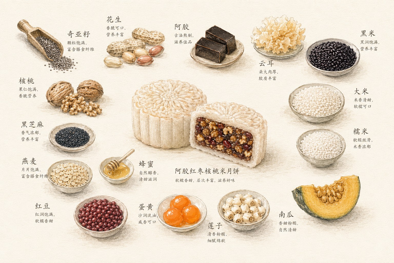 花月良辰原料手绘:奇亚籽、花生、阿胶、核桃、大米、糯米、龙眼干、黑芝麻、银耳、桑葚、燕麦、红豆、何首乌、蛋黄、莲子、南瓜