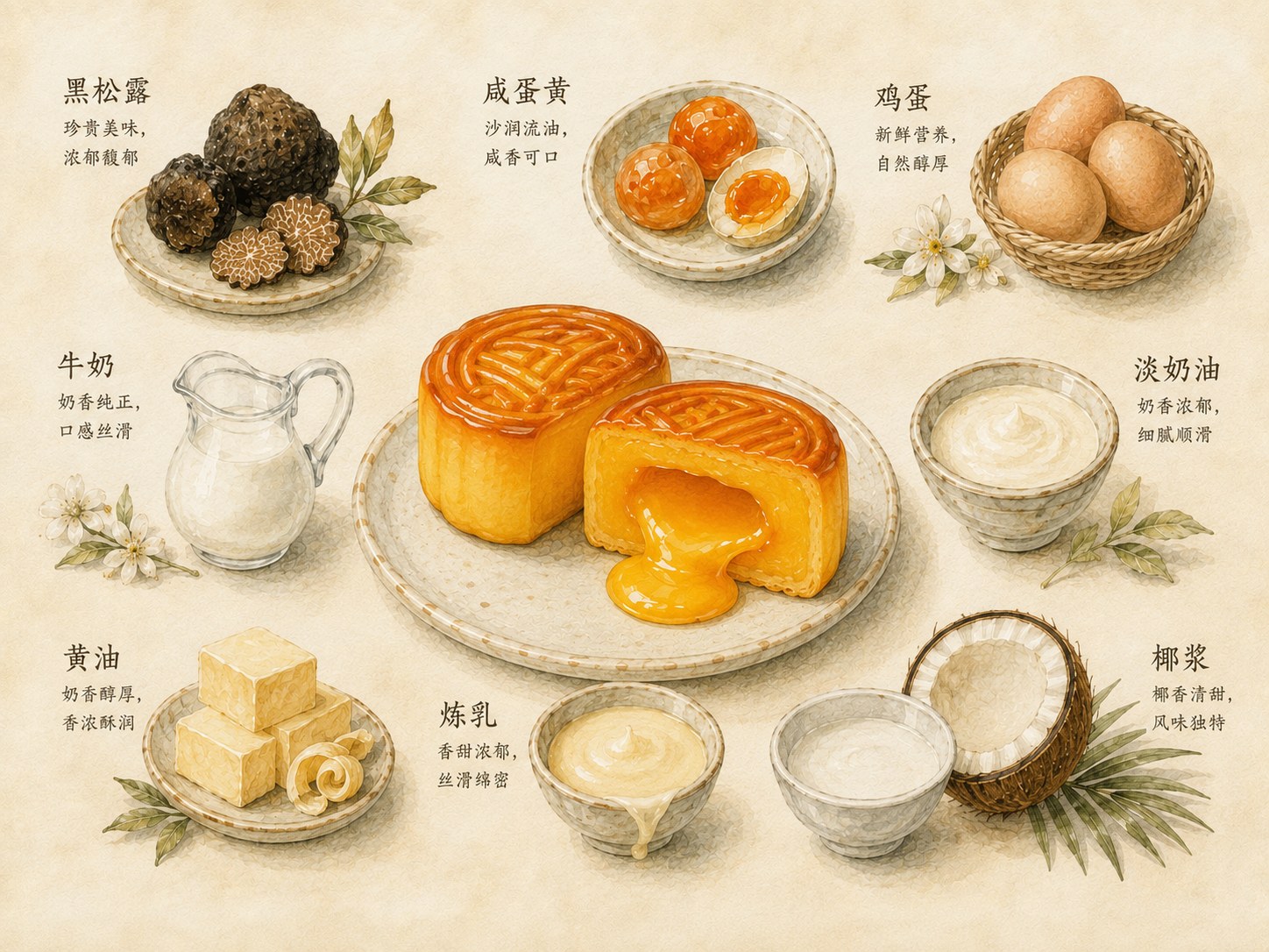 流金雅聚原料手绘:黑松露、咸蛋黄、鸡蛋、牛奶、淡奶油、黄油、炼乳、椰浆